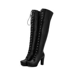 Gothic Stiefel Damen Lang Stiefel Winter Lederstiefel Schnür Hoher Absatz Kniehöhe Plateaustiefel,Schwarz,48 EU von ARPINO