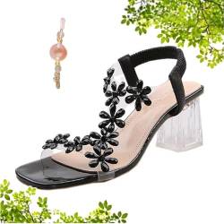 ARZARF Damen Blumen Strass Blockabsatz Sandalen Elastische Knöchelriemen Quadratische Zehen Kristall Transparent Offene Zehen Sandalen, Schwarz , 42.5 EU von ARZARF