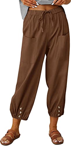 ASKSA Damen 7/8 Länge Hose Weitem Bein Freizeithose Leicht Sommerhose Lose Casual Leinenhose mit Taschen (Braun,L) von ASKSA