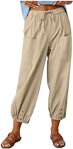 ASKSA Damen 7/8 Länge Hose Weitem Bein Freizeithose Leicht Sommerhose Lose Casual Leinenhose mit Taschen (Khaki,S) von ASKSA