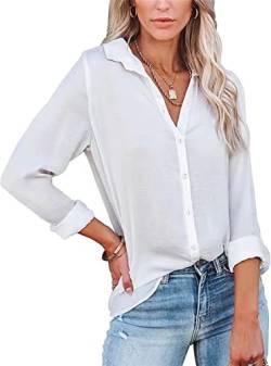 ASKSA Damen Bluse Langarm V-Ausschnitt Hemden Elegant Knöpfen Oberteile Casual Einfarbig Tunika Revers Langarmshirt (Weiß,M) von ASKSA