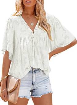 ASKSA Damen Chiffon Bluse 3/4 Glockenärmel Tunika Sommer Knöpfen Hemd Tops Babydoll Lose Oberteile (Weiß,M) von ASKSA