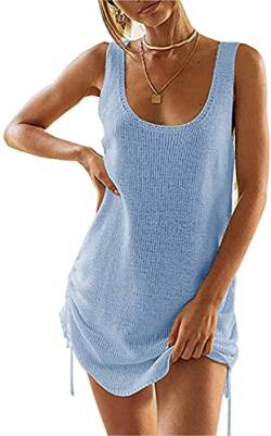 ASKSA Damen Crochet Stricken Bikini Cover Up Strandkleid Strandponcho Sommerkleid in Rückenfrei Design (Blau,M) von ASKSA