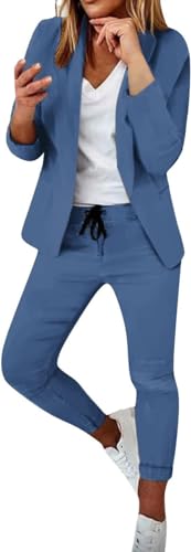 ASKSA Damen Lange Ärmel Hosenanzug Elegant Business Anzug Slim Fit Revers Set Einfarbig Streetwear Freizeitanzug Sportlich Anzughose (Hellblau,M) von ASKSA