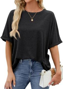 ASKSA Damen T-Shirt Sommer Kurzarm Oversized Rundhals Shirts Tops Locker Casual Basic Tee Elegant Bluse Oberteile (Schwarz,XL) von ASKSA