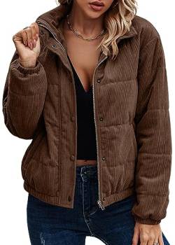 ASOMI Jacke Damen Winter Herbst Cordjacke Fleecejacke Causal Langarm Übergangsjacke Mode Mantel Reißverschluss Steppjacke Outwear mit Tasche 404 Braun 40 von ASOMI