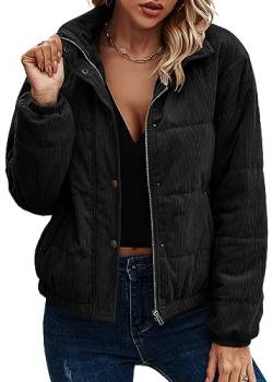 ASOMI Jacke Damen Winter Herbst Cordjacke Fleecejacke Causal Langarm Übergangsjacke Mode Mantel Reißverschluss Steppjacke Outwear mit Tasche 404 Schwarz 36A von ASOMI