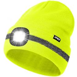 ATNKE LED Mütze mit Licht, Wiederaufladbare USB 4 LED Beleuchtete Laufmütze Extrem Heller Lampe Winter Warme Stricken Mütze mit Reflektierendem Streifen für Herren und Damen Geschenke/FluoresceYellow von ATNKE