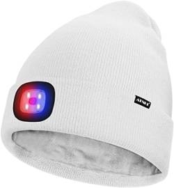 ATNKE Unisex LED Mütze mit Licht,Wiederaufladbare USB 4 LED Rot und Blau Leuchten Blinkender Laufmütze Lampe Warme Gefüttertes Fleece Stricken Mütze für Herren und Damen Geschenke/White von ATNKE