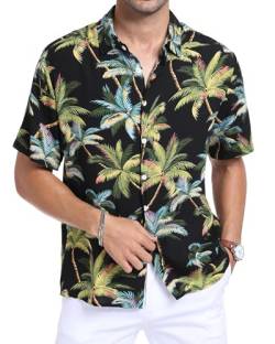AUDATE Hawaii Hemd Männer Funky Hawaiihemd Herren Kurzarm Button Down Hawaii-Print Shirts Schwarz XL von AUDATE
