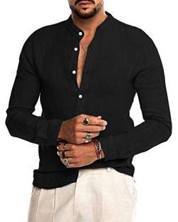 AUDATE Herren Button-down Baumwolle Leinenhemd Langarm Regular Fit Shirts Freizeithemd Schwarz 3XL von AUDATE