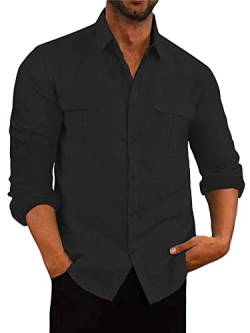 AUDATE Herren Freizeithemd Baumwolle Hemden Button Langarm Hemd Solid Shirts Mit Tasche Schwarz M von AUDATE