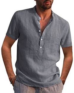 AUDATE Herren Freizeithemd Kurzarm Leinenhemd Hemd Casual Summer Beach Henley Shirt Dunkelgrau M von AUDATE