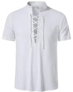 AUDATE Leinenhemd Herren Kurzarm Freizeithemd Herren Hemd Regular Fit Sommer Strand Hemd Weiß 3XL von AUDATE