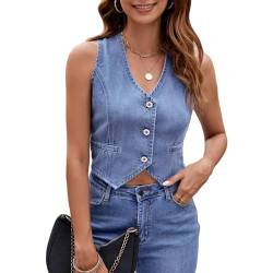 Damen Sommer Crop Tops ärmellose Denim Weste V-Neck Jacken (DE/NL/SE/PL, Alphanumerisch, L, Regular, Petite, Blau) von AUKLETBLIEF