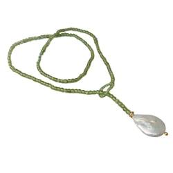 AUOQKQUT Ketten für Damen 25'' natürliche kultivierte weiße Keshi-Perlen-grüne Peridot-Lariat-Rundpullover-Kette Halskette for Frauen von AUOQKQUT