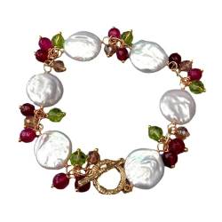 AUOQKQUT Ketten für Damen Handgefertigtes, natürliches, kultiviertes weißes Münz-Süßwasserperlen-Fuchsia-Achat-Kristall-Wickelarmband, Schmuck for Frauen, Geschenk von AUOQKQUT