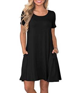 AUSELILY Damen Kleider Sommer Kurzarm Shirtkleider Kurz Sommerkleider Leicht Freizeitkleid mit Taschen Schwarz S von AUSELILY