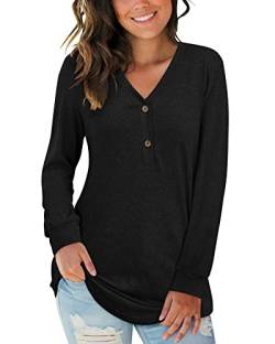 AUSELILY Schwarz Damen Pullover Sexy V-Ausschnitt Knopf Langarm Shirts Henley Blusen Herbst Freizeit Lose Oberteile M von AUSELILY