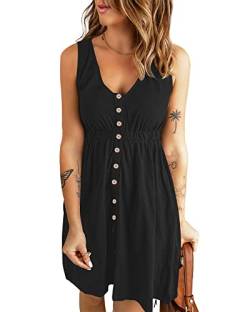 AUSELILY Sommerkleid Damen Casual Button Down Mini Kleid Cute V Neck Strandkleid mit Taschen Schwarz M von AUSELILY