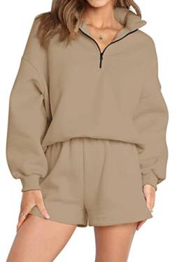 AUTOMET Damen Oversized 2-teilige Lounge-Sets Herbst Outfits 2023 Langarm Gemütlich Casual Pyjama Shorts Sweatsuit Sets, Khaki, XL von AUTOMET