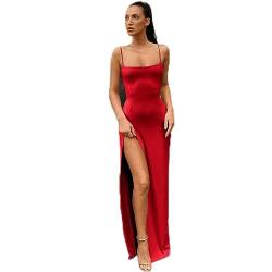 AYAZER Rot Schwarz Neujahr Weihnachten Party Lange Kleider Damen Frühling Basic Figurbetont Schnürkleid Stretch Slim Night Clue Kleid-Rot-S von AYAZER