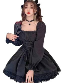 AYAZER Weißes Lolita-Kleid, süßes Retro-Minikleid mit Langen Ärmeln und quadratischem Ausschnitt, schwarzes Gothic-Kleid mit Riemchen und Spitze, gespleißt, Japanisches Süßes-Schwarz-L von AYAZER