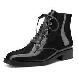 Aachcol Damen Combat Boots mit quadratischer Zehenpartie, Stollensohle, Stiefeletten mit seitlichem Reißverschluss, modische Schnürung, Lackleder, 3,6 cm Absatz, Schwarz, 41 EU von Aachcol