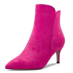 Aachcol Damen Stiefeletten Geschlossene Spitze Zehenkappe Slip-on Stiletto Mittlerem Absatz Heel Wildleder Reißverschluss Magenta Rot B 6 CM 39 EU von Aachcol