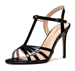 Aachcol Damen T-strap Sandalen Stiletto Hoher High Absatz Heel Peep Open Zehenkappe Slingback Knöchelriemen Schuhe 10 CM Schwarz Lackleder 37 EU von Aachcol