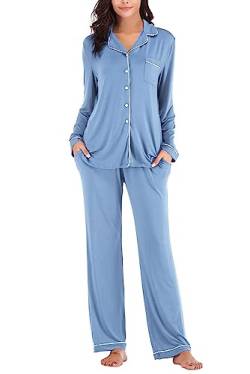 Aamikast Pyjama-Set für Damen, langärmeliges Oberteil mit Knöpfen, Nachtwäsche, Schlafanzug, weicher Hausanzug, Himmelblau, L von Aamikast