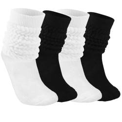 Abeillo 2 Paar Damen Slouch Socken,Weiche Stricken Scrunch Socken,Extra lange Knit Cotton Slouch Socken Stulpensocken Damen,Herbst Winter Gestapelt Socken(Schwarz + Weiß) von Abeillo