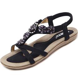 Acfoda Offene Sandalen Damen Sommer mit Blumen Strass Flach Bohemian Sandaletten Frauen mit Weiches, 40 EU, F Schwarz von Acfoda