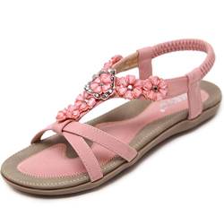 Offene Sandalen Damen Sommer mit Blumen Strass Flach Bohemian Sandaletten Frauen mit Weiches Fußbett Outdoor Freizeit Strand Schuhe Rosa 44 EU = Herstellergröße 45 von Acfoda