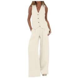 Achimlt Damen Anzug Elegant 2 Teilig Sommer Strand Kleidung Für Damen 2-Teiliges Damen Outfit Baumwolle Lässiges Damen Ärmellos Weste Hemd Und Weitem Bein Hose Mit Taschen Hosenanzug Damen Elegant von Achimlt