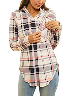 Achinel Damen Schwangerschaft Stilloberteile Plaid Schwangerschaft Langarm Bluse Kariert Stillen Pullover T Shirt Top, Champagne Plaid, Large von Achinel