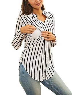 Achinel Damen Umstands-Still Tops Plaid Schwangerschaft Langarm Rollärmel Bluse Kariert Stillen Pullover T-Shirt Top, gestreift, X-Large von Achinel