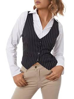 Achlibe Damen Westen Jacke Slim V Ausschnitt Retro Büro Revers Blazer Weste Renaissance Steampunk Mantel Cardigan, B-schwarze Streifen, XL von Achlibe