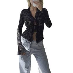 Achlibe Damen Sommer Spitze Floral Tops Flare Langarm Tie Front Sheer Slim Crop Cardigan Y2K Clubwear, Schwarz , S von Achlibe