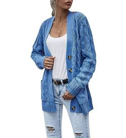 Acramy Damen Langarm Strickmantel Casual Warm Cardigan Strickjacke mit Taschen und Knöpfe (XXL, B-Blau) von Acramy