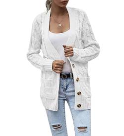 Acramy Damen Langarm Strickmantel Casual Warm Cardigan Strickjacke mit Taschen und Knöpfe (XXL, B-Weiß) von Acramy