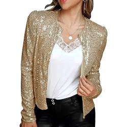 Acrawnni Damen Glitzer Jacken Langarm Open Front Pailletten Blazer Cardigan Mantel Glitzer Disco Bomber Jacke, A-Gold, 46 von Acrawnni