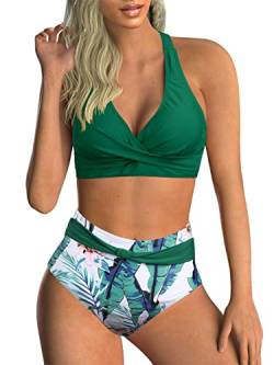 Adigaber Damen Zweiteiliger Badeanzug V Ausschnitt überkreuztes Blumenmuster Bikini Bademode Bauchkontrolle Bikini Sets XXL Grüne Blätter von Adigaber