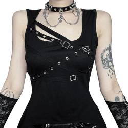 Adigau Damen Gothic Tanktop Y2K Crop Top Punk Schulterfrei Oberteil Sexy Steam Emo Grunge Outfit Dark Style Schwarz Party Nachtclub Streetwear L von Adigau