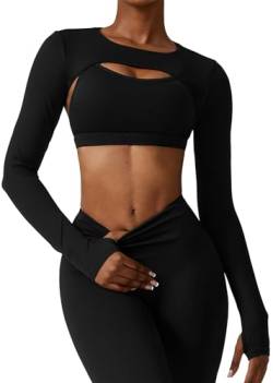 Adigau Shrugs mit Daumenlöchern für Frauen Solid Backless Breathable Yoga Tops Crop Sports Tee without Bra Stretchy Quick Dry Soft Langarm Sleeve T Shirts Schwarz XL von Adigau