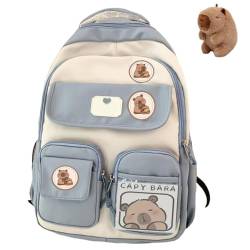 Cartoon Capybara Rucksack, Süßer Kawaii Rucksack, Süßer Capybara Schulrucksack für Schüler, Kawaii Kinder Schultasche mit Capybara Zubehör (Blue) von Adius