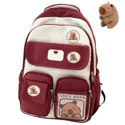 Cartoon Capybara Rucksack, Süßer Kawaii Rucksack, Süßer Capybara Schulrucksack für Schüler, Kawaii Kinder Schultasche mit Capybara Zubehör (Red) von Adius