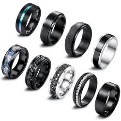 Adramata 9Pcs Edelstahl Ringe Herren Fidget Ring Spinner Ring Vintage Siegelring Cool Band Ring Männer Ehering Verlobungsring Schwarz Silber Ringe Set Anxiety Ring für Herren Damen Schmuck von Adramata