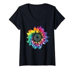 Damen Regenbogen-Sonnenblume LGBTQ Grafikdesign T-Shirt mit V-Ausschnitt von Adventure Tees