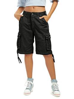 Aeslech Cargo-Shorts für Damen, weite Baumwolle, Bermuda-Shorts, lässig, Sommer, Wandern, mit mehreren Taschen, Schwarz , 42 von Aeslech